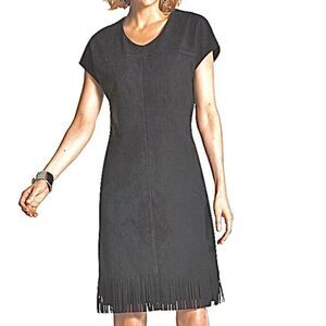 Black faux suede sheath dress with cap sleeves and fringe around hem. Back zip